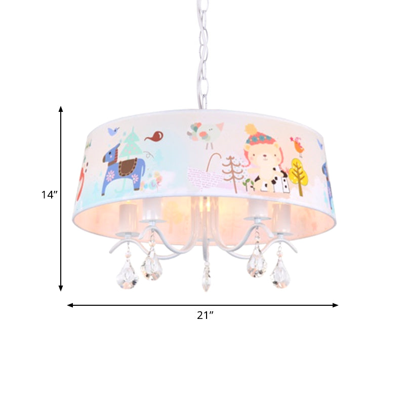 Fabric Drum Ceiling Chandelier Cartoon 5 Lights Blue Hanging Lamp Kit with Animals Pattern and Crystal Droplet Clearhalo 'Ceiling Lights' 'Chandeliers' Lighting' options 786442