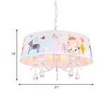 Fabric Drum Ceiling Chandelier Cartoon 5 Lights Blue Hanging Lamp Kit with Animals Pattern and Crystal Droplet Clearhalo 'Ceiling Lights' 'Chandeliers' Lighting' options 786442