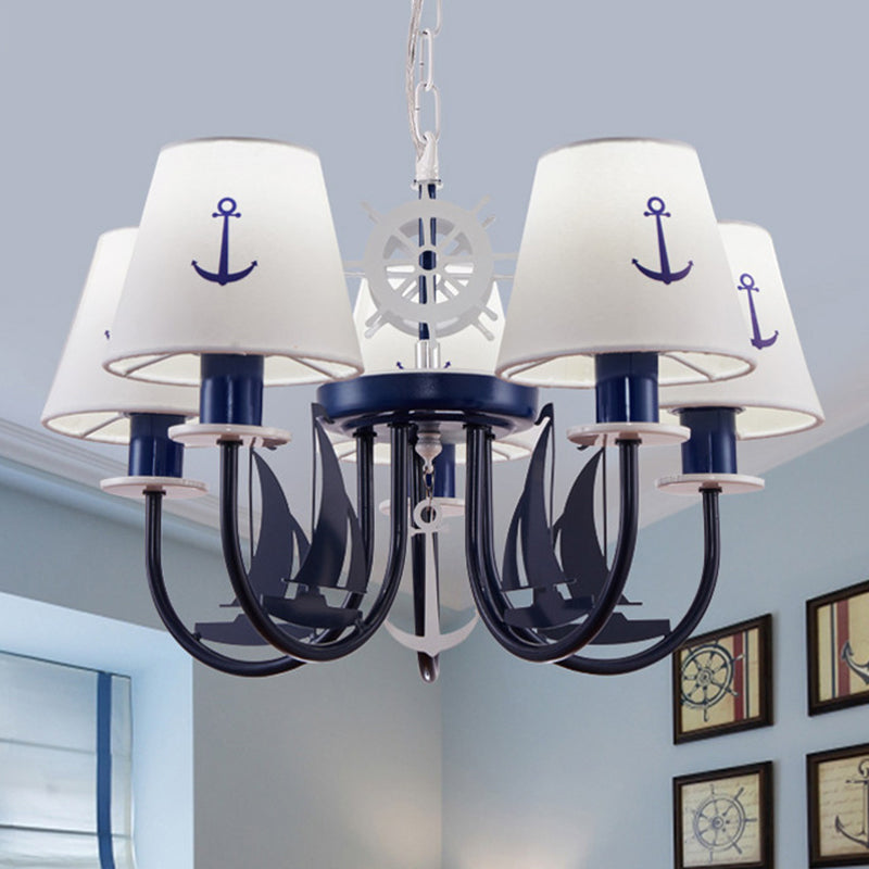 5/6-Light Bedroom Hanging Chandelier Mediterranean Blue Ceiling Suspension Lamp with Barrel Fabric Shade Clearhalo 'Ceiling Lights' 'Chandeliers' Lighting' options 786443