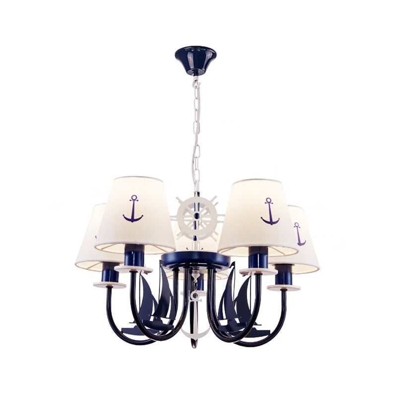 5/6-Light Bedroom Hanging Chandelier Mediterranean Blue Ceiling Suspension Lamp with Barrel Fabric Shade Clearhalo 'Ceiling Lights' 'Chandeliers' Lighting' options 786445