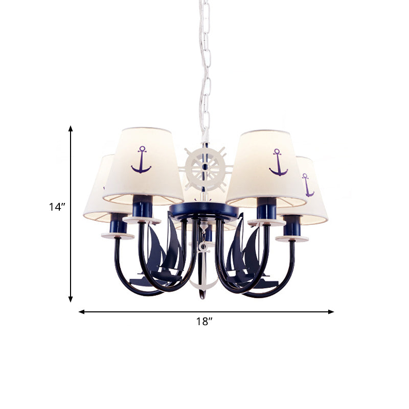 5/6-Light Bedroom Hanging Chandelier Mediterranean Blue Ceiling Suspension Lamp with Barrel Fabric Shade Clearhalo 'Ceiling Lights' 'Chandeliers' Lighting' options 786446