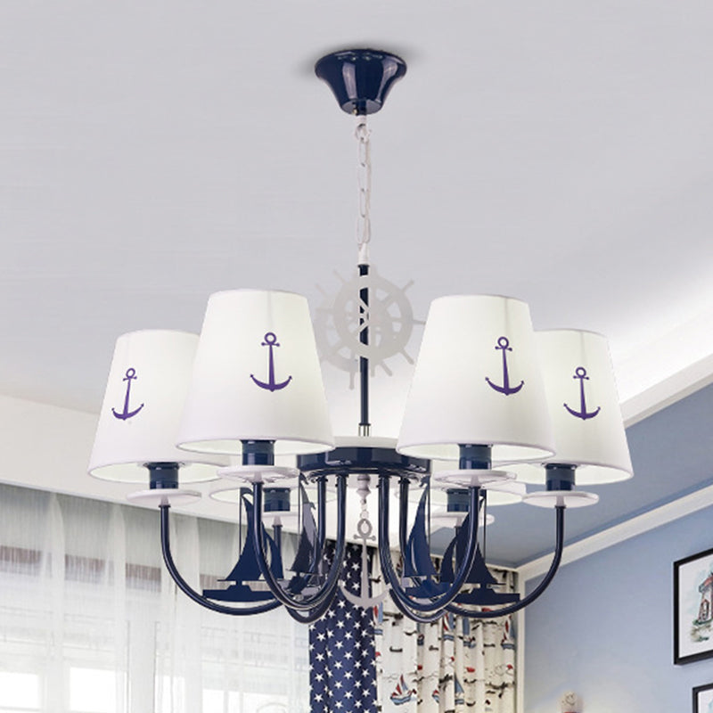 5/6-Light Bedroom Hanging Chandelier Mediterranean Blue Ceiling Suspension Lamp with Barrel Fabric Shade Clearhalo 'Ceiling Lights' 'Chandeliers' Lighting' options 786448