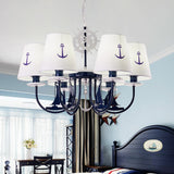 5/6-Light Bedroom Hanging Chandelier Mediterranean Blue Ceiling Suspension Lamp with Barrel Fabric Shade Clearhalo 'Ceiling Lights' 'Chandeliers' Lighting' options 786449