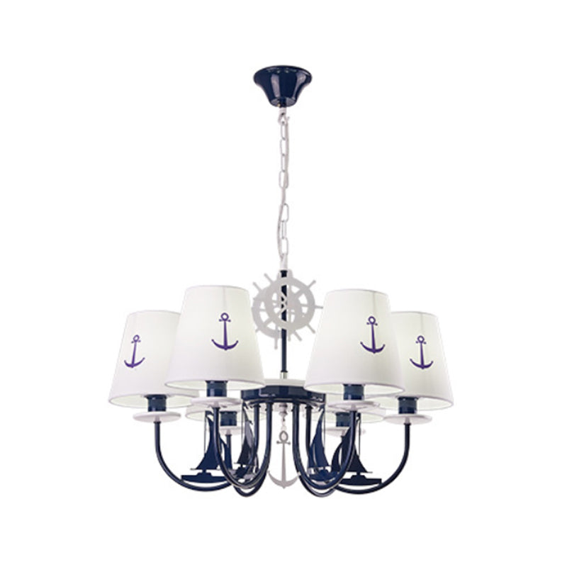 5/6-Light Bedroom Hanging Chandelier Mediterranean Blue Ceiling Suspension Lamp with Barrel Fabric Shade Clearhalo 'Ceiling Lights' 'Chandeliers' Lighting' options 786450