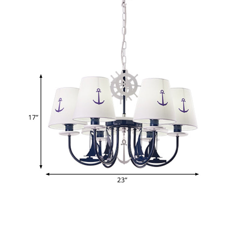 5/6-Light Bedroom Hanging Chandelier Mediterranean Blue Ceiling Suspension Lamp with Barrel Fabric Shade Clearhalo 'Ceiling Lights' 'Chandeliers' Lighting' options 786451