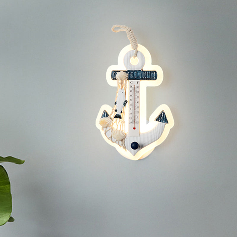 Anchor Shaped Sconce Light Fixture Mediterranean Wood LED Blue-White Wall Mounted Lamp Blue Clearhalo 'Wall Lamps & Sconces' 'Wall Lights' Lighting' 786452