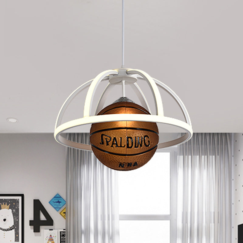 Basketball Pendant Lighting Kids Acrylic 1-Light White and Brown Suspension Lamp with Dome Frame in Warm/White Light White Clearhalo 'Ceiling Lights' 'Pendant Lights' 'Pendants' Lighting' 786464_3f366c0f-e226-42a1-822b-ef9d40c94204