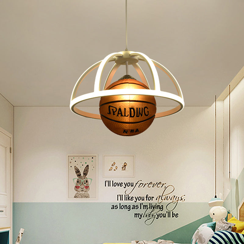 Basketball Pendant Lighting Kids Acrylic 1-Light White and Brown Suspension Lamp with Dome Frame in Warm/White Light Clearhalo 'Ceiling Lights' 'Pendant Lights' 'Pendants' Lighting' 786465