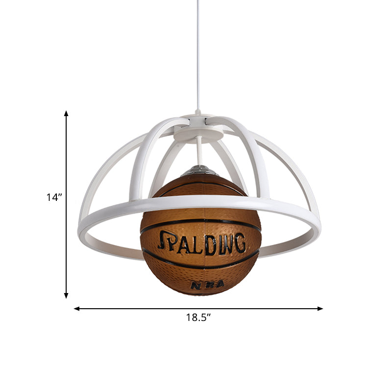 Basketball Pendant Lighting Kids Acrylic 1-Light White and Brown Suspension Lamp with Dome Frame in Warm/White Light Clearhalo 'Ceiling Lights' 'Pendant Lights' 'Pendants' Lighting' 786467