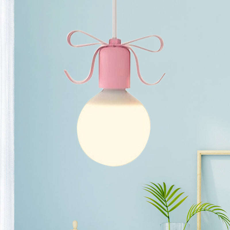 White Glass Modo Hanging Light Kit Macaron 1-Head Grey/Pink Finish Ceiling Pendant Lamp with Bow Deco Pink Clearhalo 'Ceiling Lights' 'Close To Ceiling Lights' 'Glass shade' 'Glass' 'Pendant Lights' 'Pendants' Lighting' 786473