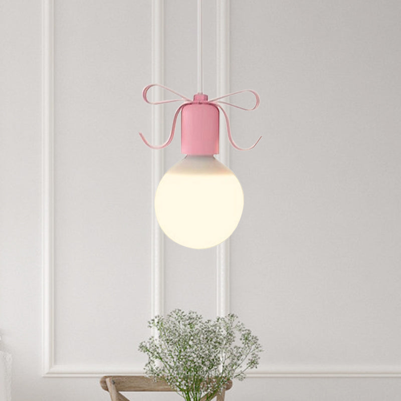 White Glass Modo Hanging Light Kit Macaron 1-Head Grey/Pink Finish Ceiling Pendant Lamp with Bow Deco Clearhalo 'Ceiling Lights' 'Close To Ceiling Lights' 'Glass shade' 'Glass' 'Pendant Lights' 'Pendants' Lighting' 786474