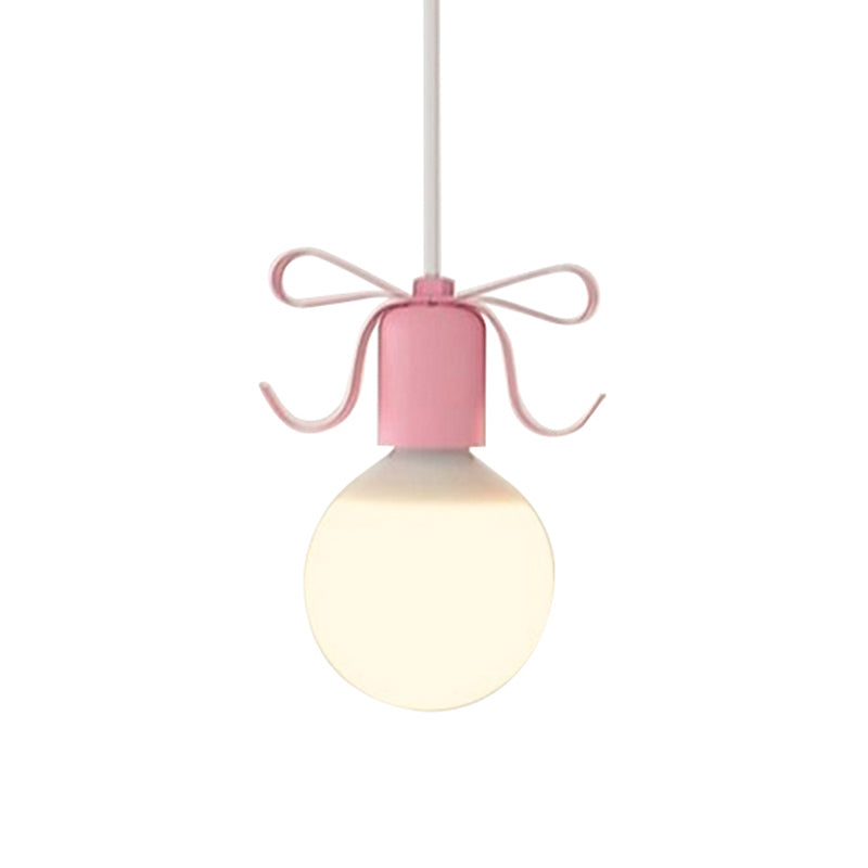White Glass Modo Hanging Light Kit Macaron 1-Head Grey/Pink Finish Ceiling Pendant Lamp with Bow Deco Clearhalo 'Ceiling Lights' 'Close To Ceiling Lights' 'Glass shade' 'Glass' 'Pendant Lights' 'Pendants' Lighting' 786475