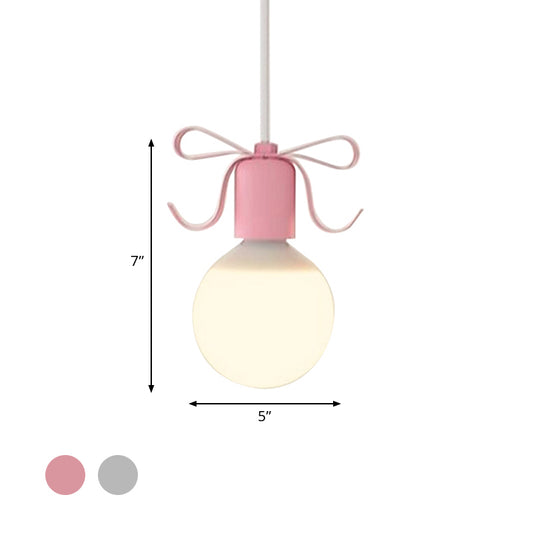 White Glass Modo Hanging Light Kit Macaron 1-Head Grey/Pink Finish Ceiling Pendant Lamp with Bow Deco Clearhalo 'Ceiling Lights' 'Close To Ceiling Lights' 'Glass shade' 'Glass' 'Pendant Lights' 'Pendants' Lighting' 786476