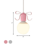 White Glass Modo Hanging Light Kit Macaron 1-Head Grey/Pink Finish Ceiling Pendant Lamp with Bow Deco Clearhalo 'Ceiling Lights' 'Close To Ceiling Lights' 'Glass shade' 'Glass' 'Pendant Lights' 'Pendants' Lighting' 786476