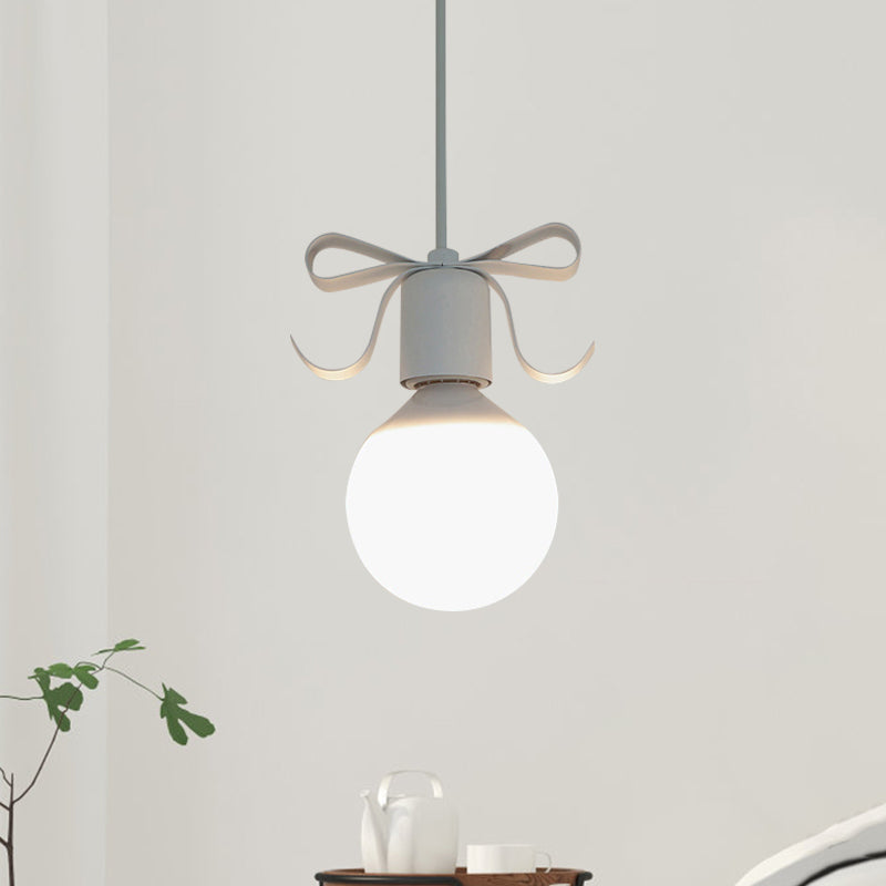 White Glass Modo Hanging Light Kit Macaron 1-Head Grey/Pink Finish Ceiling Pendant Lamp with Bow Deco Grey Clearhalo 'Ceiling Lights' 'Close To Ceiling Lights' 'Glass shade' 'Glass' 'Pendant Lights' 'Pendants' Lighting' 786477
