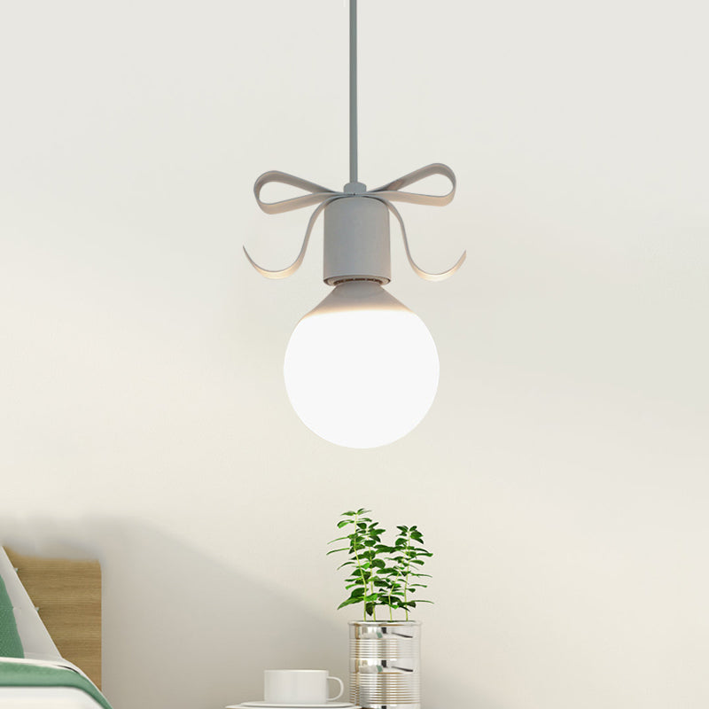 White Glass Modo Hanging Light Kit Macaron 1-Head Grey/Pink Finish Ceiling Pendant Lamp with Bow Deco Clearhalo 'Ceiling Lights' 'Close To Ceiling Lights' 'Glass shade' 'Glass' 'Pendant Lights' 'Pendants' Lighting' 786479