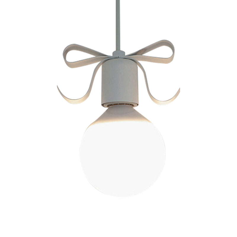 White Glass Modo Hanging Light Kit Macaron 1-Head Grey/Pink Finish Ceiling Pendant Lamp with Bow Deco Clearhalo 'Ceiling Lights' 'Close To Ceiling Lights' 'Glass shade' 'Glass' 'Pendant Lights' 'Pendants' Lighting' 786480