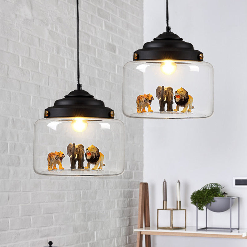 Jar Shaped Clear Glass Pendulum Light Nordic Style 1 Light White/Black Suspension Lamp with Animals Deco Black Clearhalo 'Ceiling Lights' 'Glass shade' 'Glass' 'Pendant Lights' 'Pendants' Lighting' 786481