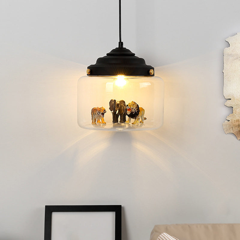 Jar Shaped Clear Glass Pendulum Light Nordic Style 1 Light White/Black Suspension Lamp with Animals Deco Clearhalo 'Ceiling Lights' 'Glass shade' 'Glass' 'Pendant Lights' 'Pendants' Lighting' 786482