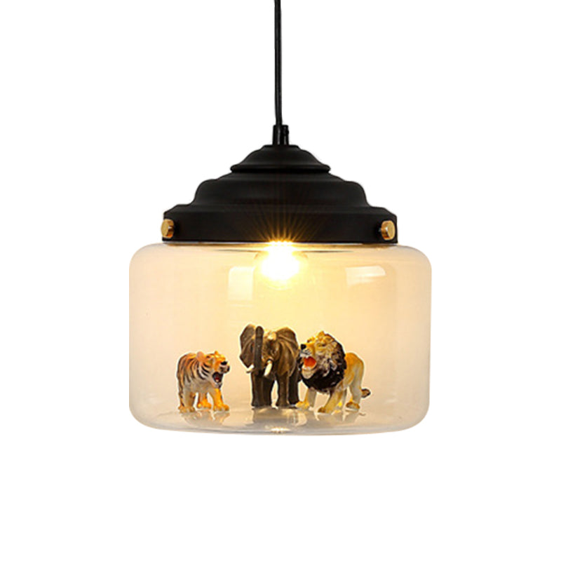 Jar Shaped Clear Glass Pendulum Light Nordic Style 1 Light White/Black Suspension Lamp with Animals Deco Clearhalo 'Ceiling Lights' 'Glass shade' 'Glass' 'Pendant Lights' 'Pendants' Lighting' 786483