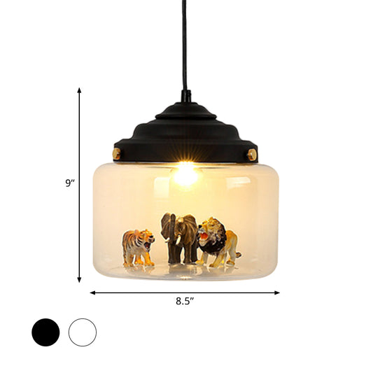 Jar Shaped Clear Glass Pendulum Light Nordic Style 1 Light White/Black Suspension Lamp with Animals Deco Clearhalo 'Ceiling Lights' 'Glass shade' 'Glass' 'Pendant Lights' 'Pendants' Lighting' 786484