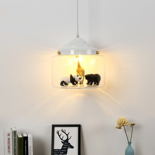 Jar Shaped Clear Glass Pendulum Light Nordic Style 1 Light White/Black Suspension Lamp with Animals Deco White Clearhalo 'Ceiling Lights' 'Glass shade' 'Glass' 'Pendant Lights' 'Pendants' Lighting' 786485