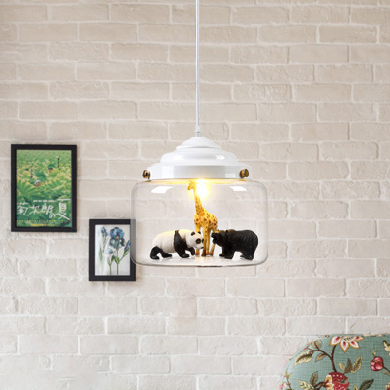 Jar Shaped Clear Glass Pendulum Light Nordic Style 1 Light White/Black Suspension Lamp with Animals Deco Clearhalo 'Ceiling Lights' 'Glass shade' 'Glass' 'Pendant Lights' 'Pendants' Lighting' 786486
