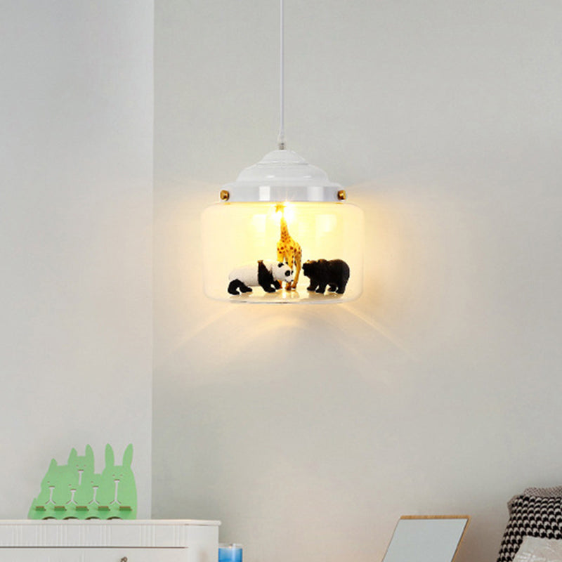 Jar Shaped Clear Glass Pendulum Light Nordic Style 1 Light White/Black Suspension Lamp with Animals Deco Clearhalo 'Ceiling Lights' 'Glass shade' 'Glass' 'Pendant Lights' 'Pendants' Lighting' 786487