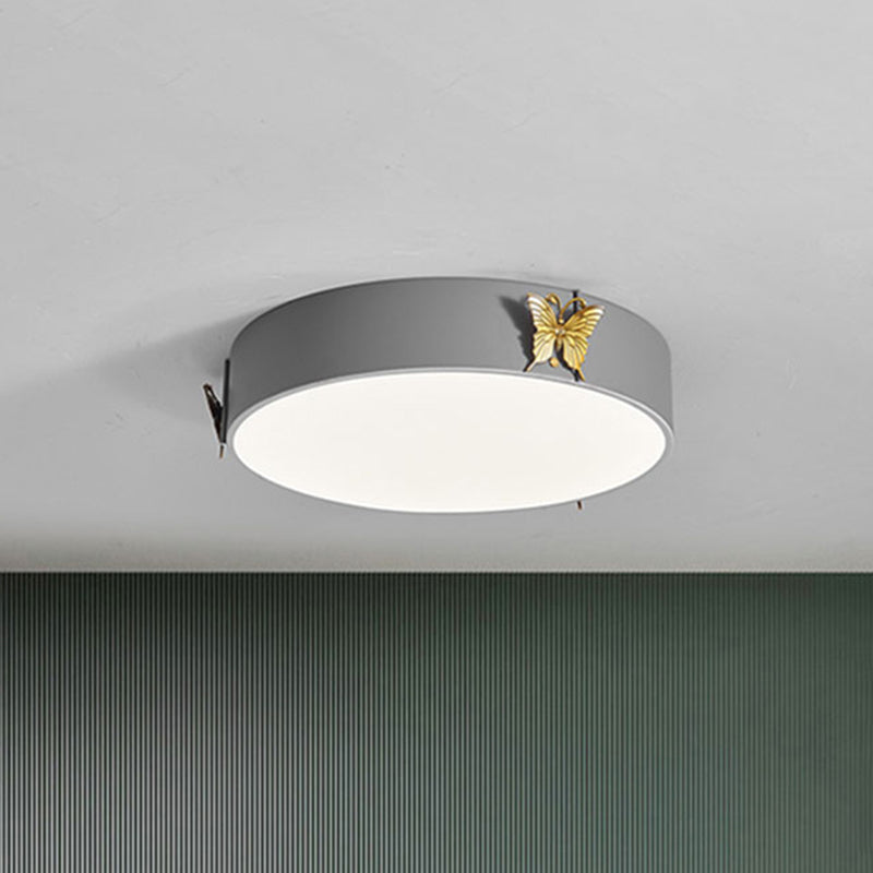 Drum Ceiling Mounted Light Nordic Metal LED Bedroom Flush Lamp Fixture in Grey with Butterfly Deco, White/Warm Light Grey Clearhalo 'Ceiling Lights' 'Close To Ceiling Lights' 'Close to ceiling' 'Flush mount' Lighting' 786493