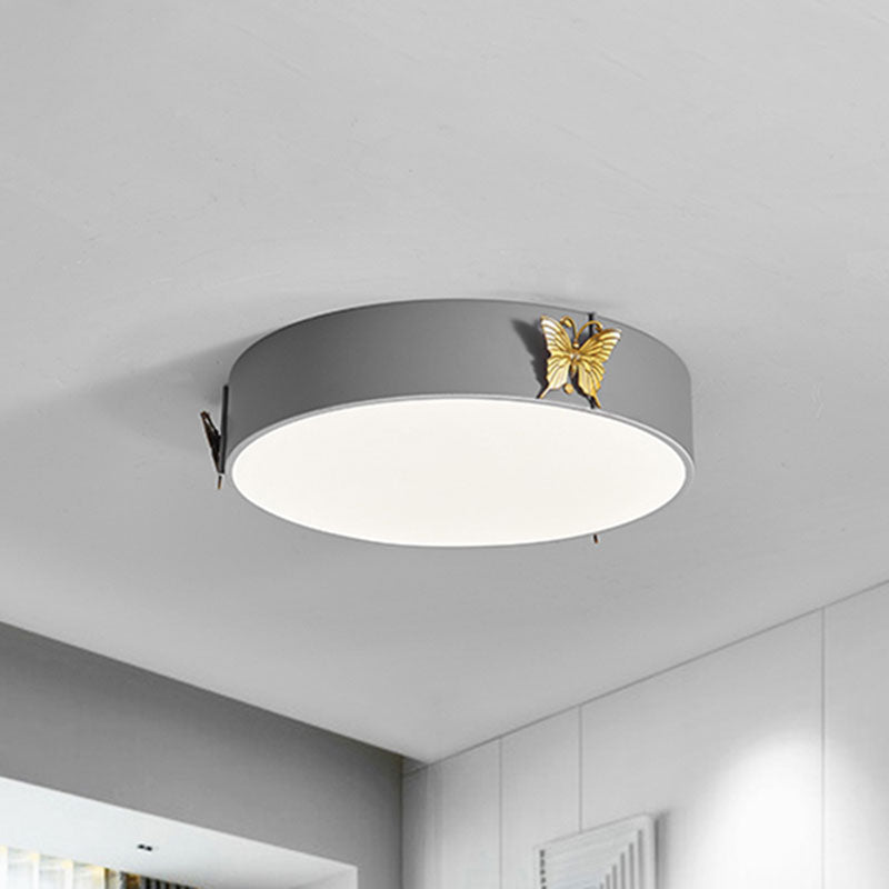 Drum Ceiling Mounted Light Nordic Metal LED Bedroom Flush Lamp Fixture in Grey with Butterfly Deco, White/Warm Light Clearhalo 'Ceiling Lights' 'Close To Ceiling Lights' 'Close to ceiling' 'Flush mount' Lighting' 786494