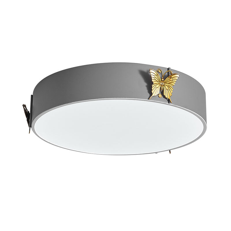 Drum Ceiling Mounted Light Nordic Metal LED Bedroom Flush Lamp Fixture in Grey with Butterfly Deco, White/Warm Light Clearhalo 'Ceiling Lights' 'Close To Ceiling Lights' 'Close to ceiling' 'Flush mount' Lighting' 786495