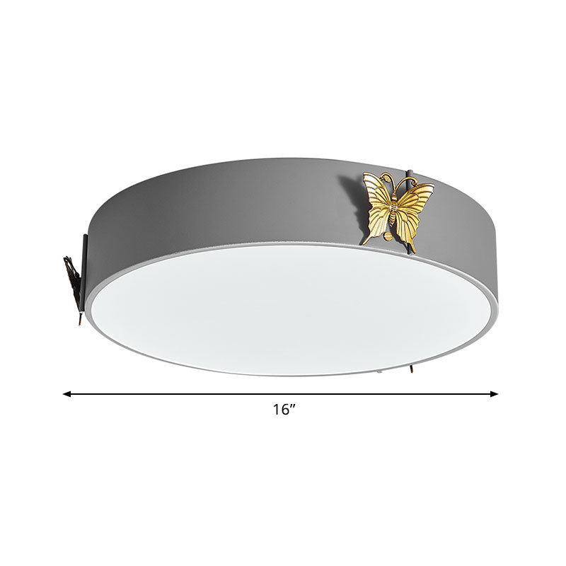 Drum Ceiling Mounted Light Nordic Metal LED Bedroom Flush Lamp Fixture in Grey with Butterfly Deco, White/Warm Light Clearhalo 'Ceiling Lights' 'Close To Ceiling Lights' 'Close to ceiling' 'Flush mount' Lighting' 786496