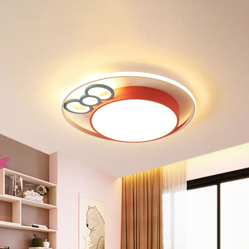 Kids LED Ceiling Mounted Fixture Pink/Blue Finish Bow and Round Flushmount Light in Warm/White Light, 18"/23" Dia Pink Clearhalo 'Ceiling Lights' 'Close To Ceiling Lights' 'Close to ceiling' 'Flush mount' Lighting' 786506