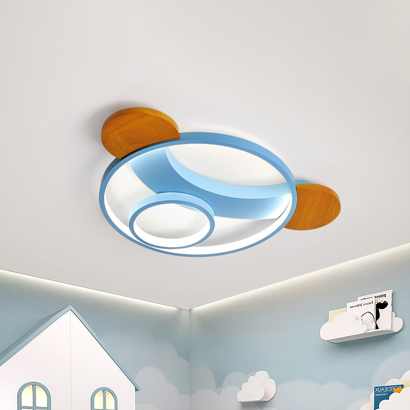 16"/19.5" W Bear Head Shape Flush Lamp Cartoon Metal LED Bedroom Flush Mount in Pink/Blue and Wood, Warm/White Light Blue Clearhalo 'Ceiling Lights' 'Close To Ceiling Lights' 'Close to ceiling' 'Flush mount' Lighting' 786520