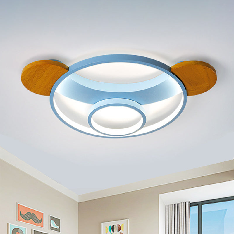 16"/19.5" W Bear Head Shape Flush Lamp Cartoon Metal LED Bedroom Flush Mount in Pink/Blue and Wood, Warm/White Light Clearhalo 'Ceiling Lights' 'Close To Ceiling Lights' 'Close to ceiling' 'Flush mount' Lighting' 786521