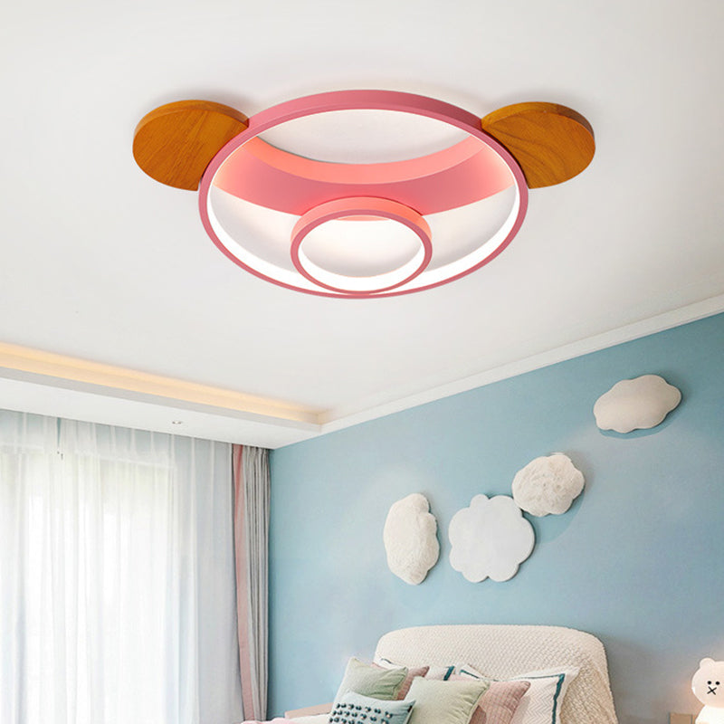 16"/19.5" W Bear Head Shape Flush Lamp Cartoon Metal LED Bedroom Flush Mount in Pink/Blue and Wood, Warm/White Light Clearhalo 'Ceiling Lights' 'Close To Ceiling Lights' 'Close to ceiling' 'Flush mount' Lighting' 786526