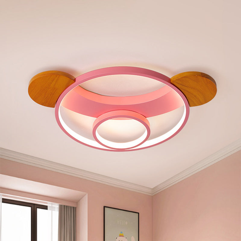 16"/19.5" W Bear Head Shape Flush Lamp Cartoon Metal LED Bedroom Flush Mount in Pink/Blue and Wood, Warm/White Light Clearhalo 'Ceiling Lights' 'Close To Ceiling Lights' 'Close to ceiling' 'Flush mount' Lighting' 786527