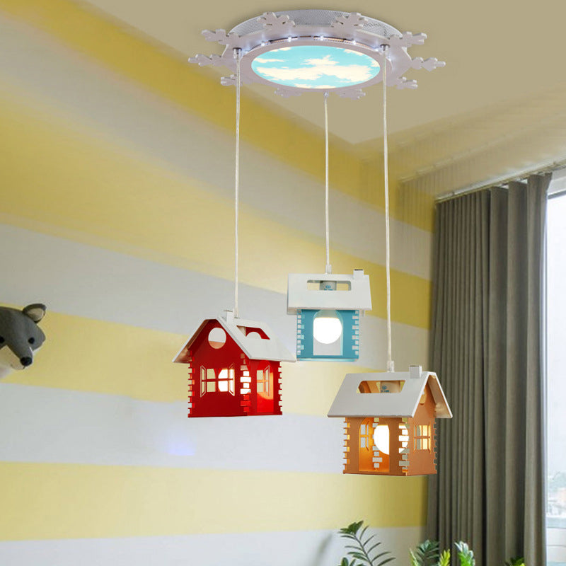 Metallic House Shape Multi Light Pendant Macaron 3 Heads Red-Yellow-Blue Suspension Lamp Red-Yellow-Blue Clearhalo 'Ceiling Lights' 'Pendant Lights' 'Pendants' Lighting' 786555_c70cc072-2675-4370-b9a2-0222d10b87a0