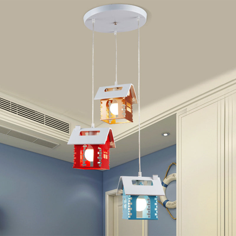 Metallic House Shape Multi Light Pendant Macaron 3 Heads Red-Yellow-Blue Suspension Lamp Clearhalo 'Ceiling Lights' 'Pendant Lights' 'Pendants' Lighting' 786556