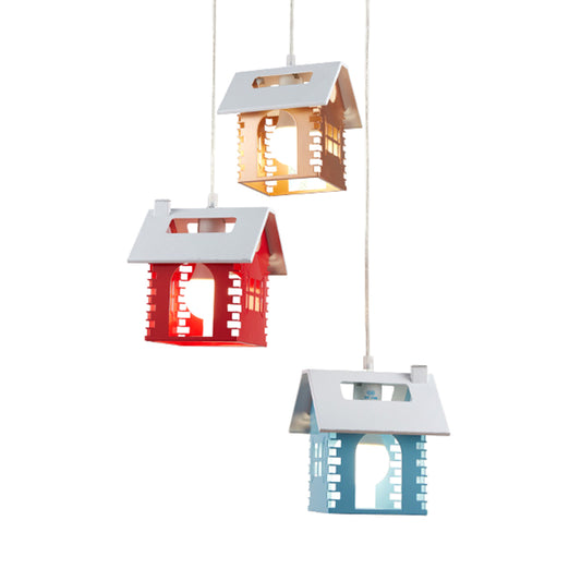 Metallic House Shape Multi Light Pendant Macaron 3 Heads Red-Yellow-Blue Suspension Lamp Clearhalo 'Ceiling Lights' 'Pendant Lights' 'Pendants' Lighting' 786557