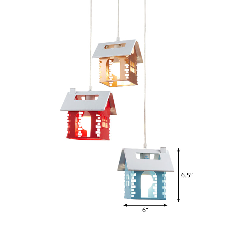 Metallic House Shape Multi Light Pendant Macaron 3 Heads Red-Yellow-Blue Suspension Lamp Clearhalo 'Ceiling Lights' 'Pendant Lights' 'Pendants' Lighting' 786558