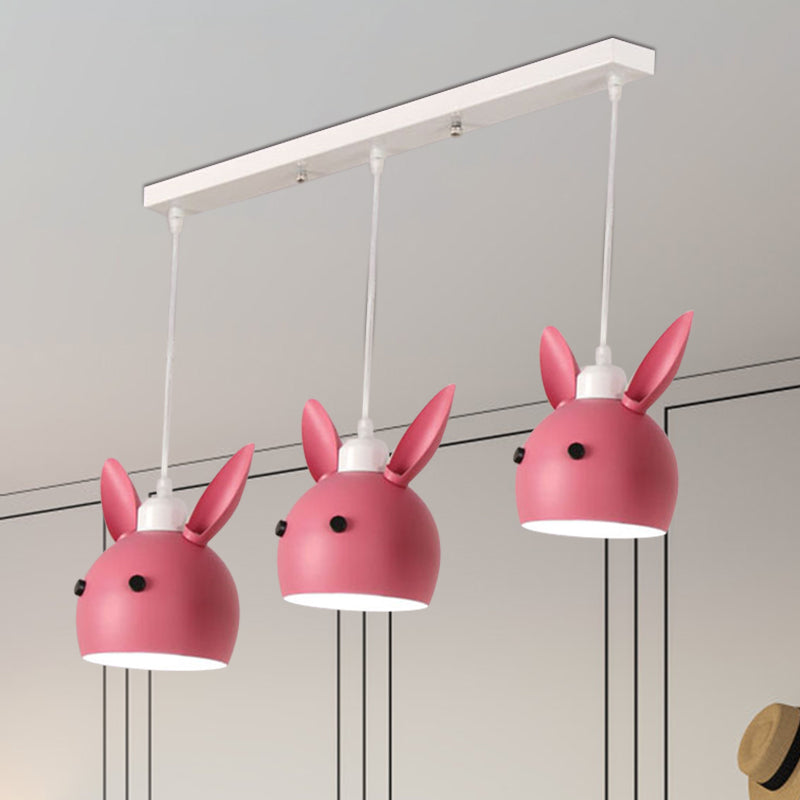 Macaron 3-Light Multiple Hanging Light Grey/Pink Rabbit Head Shape Pendulum Lamp with Metal Shade Clearhalo 'Ceiling Lights' 'Pendant Lights' 'Pendants' Lighting' 786567