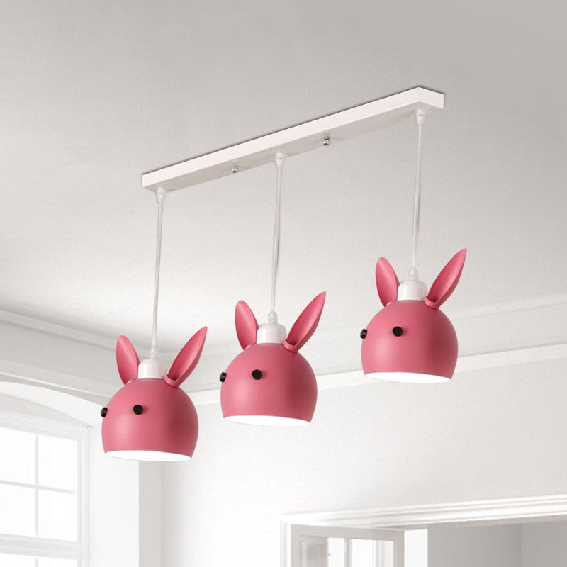 Macaron 3-Light Multiple Hanging Light Grey/Pink Rabbit Head Shape Pendulum Lamp with Metal Shade Clearhalo 'Ceiling Lights' 'Pendant Lights' 'Pendants' Lighting' 786568