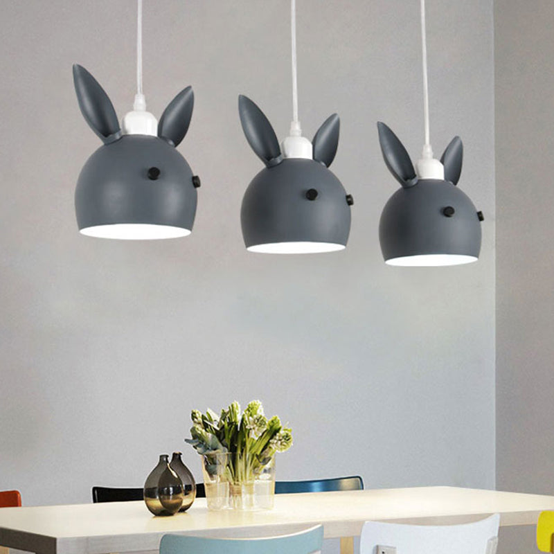 Macaron 3-Light Multiple Hanging Light Grey/Pink Rabbit Head Shape Pendulum Lamp with Metal Shade Grey Clearhalo 'Ceiling Lights' 'Pendant Lights' 'Pendants' Lighting' 786571_e58c835d-22aa-40a4-bc4d-b56f9999ea42