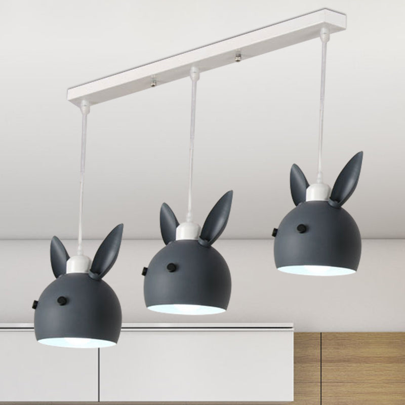 Macaron 3-Light Multiple Hanging Light Grey/Pink Rabbit Head Shape Pendulum Lamp with Metal Shade Clearhalo 'Ceiling Lights' 'Pendant Lights' 'Pendants' Lighting' 786572