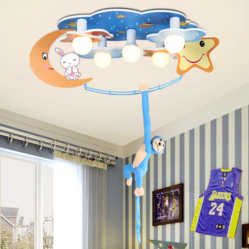 Starry Sky Metal Flushmount Lighting Cartoon 5 Heads Blue Flush Mounted Lamp with Monkey Decor Clearhalo 'Ceiling Lights' 'Close To Ceiling Lights' 'Close to ceiling' 'Flush mount' Lighting' 786584