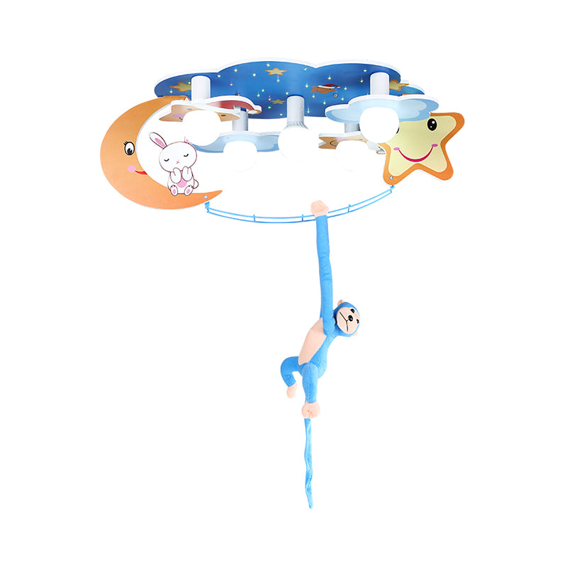 Starry Sky Metal Flushmount Lighting Cartoon 5 Heads Blue Flush Mounted Lamp with Monkey Decor Clearhalo 'Ceiling Lights' 'Close To Ceiling Lights' 'Close to ceiling' 'Flush mount' Lighting' 786585