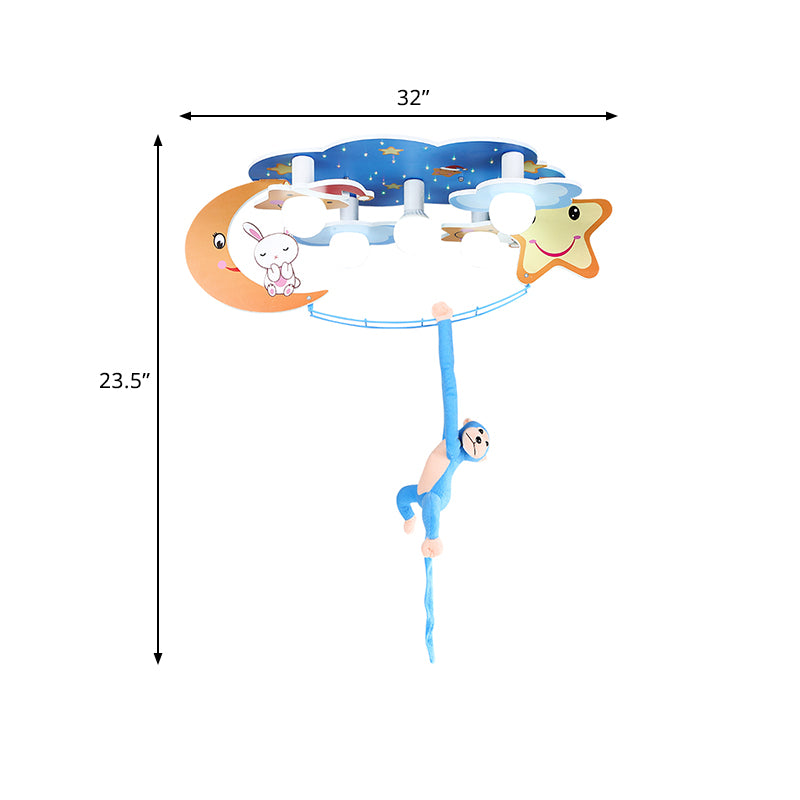 Starry Sky Metal Flushmount Lighting Cartoon 5 Heads Blue Flush Mounted Lamp with Monkey Decor Clearhalo 'Ceiling Lights' 'Close To Ceiling Lights' 'Close to ceiling' 'Flush mount' Lighting' 786586