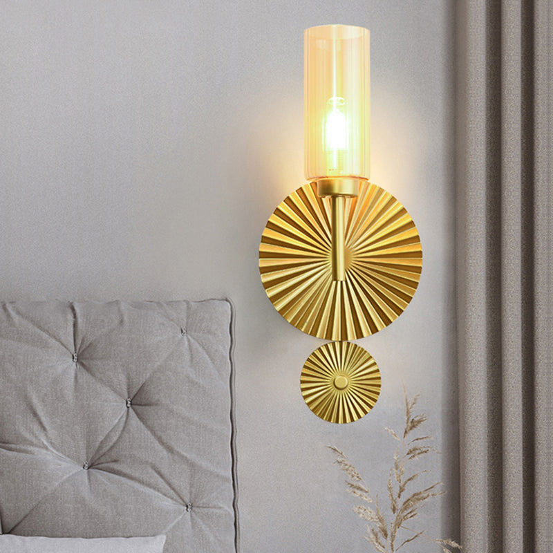 Mid Century Tubular Wall Lighting Ideas Clear/Amber/Smoke Grey Glass Single Bedside Sconce with Scalloped Backplate in Brass Amber Clearhalo 'Cast Iron' 'Glass' 'Industrial' 'Modern wall lights' 'Modern' 'Tiffany' 'Traditional wall lights' 'Wall Lamps & Sconces' 'Wall Lights' Lighting' 786639