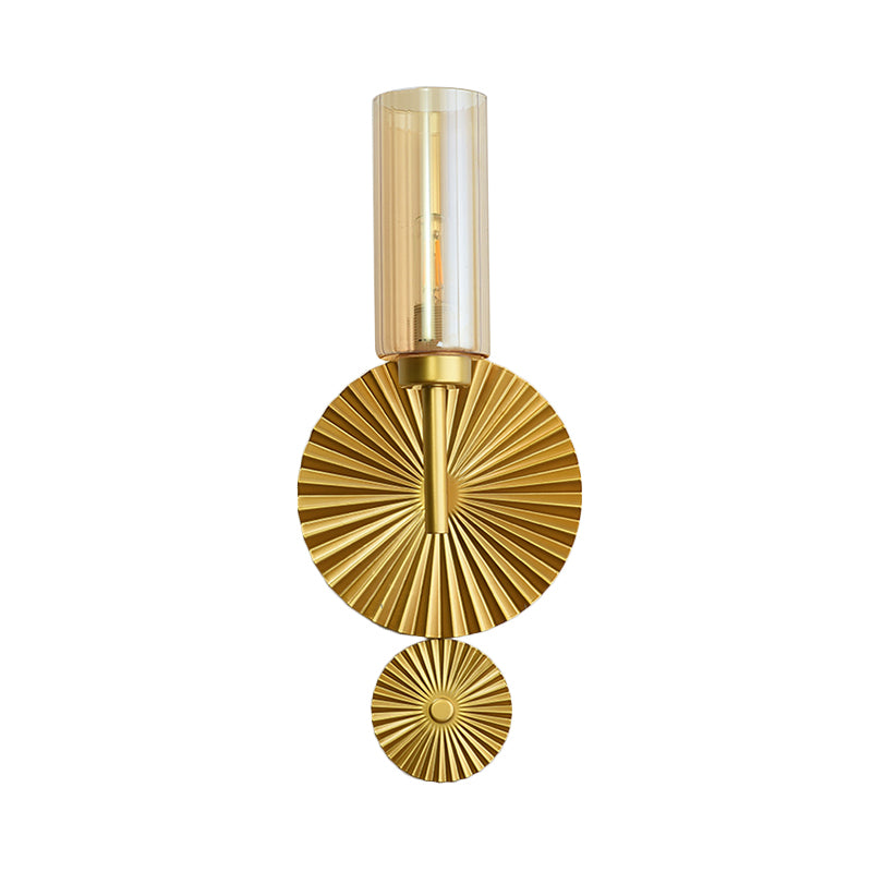 Mid Century Tubular Wall Lighting Ideas Clear/Amber/Smoke Grey Glass Single Bedside Sconce with Scalloped Backplate in Brass Clearhalo 'Cast Iron' 'Glass' 'Industrial' 'Modern wall lights' 'Modern' 'Tiffany' 'Traditional wall lights' 'Wall Lamps & Sconces' 'Wall Lights' Lighting' 786640